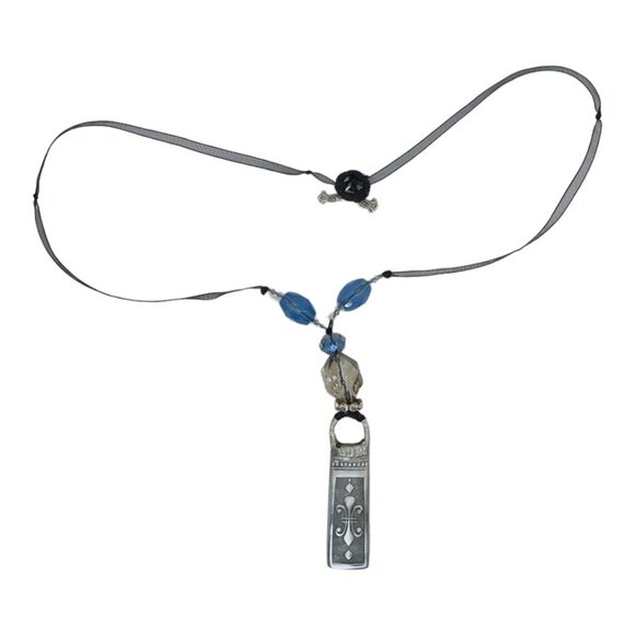 Vintage Silverware Necklace With Blue & Clear Beads Pendant - Picture 3 of 14